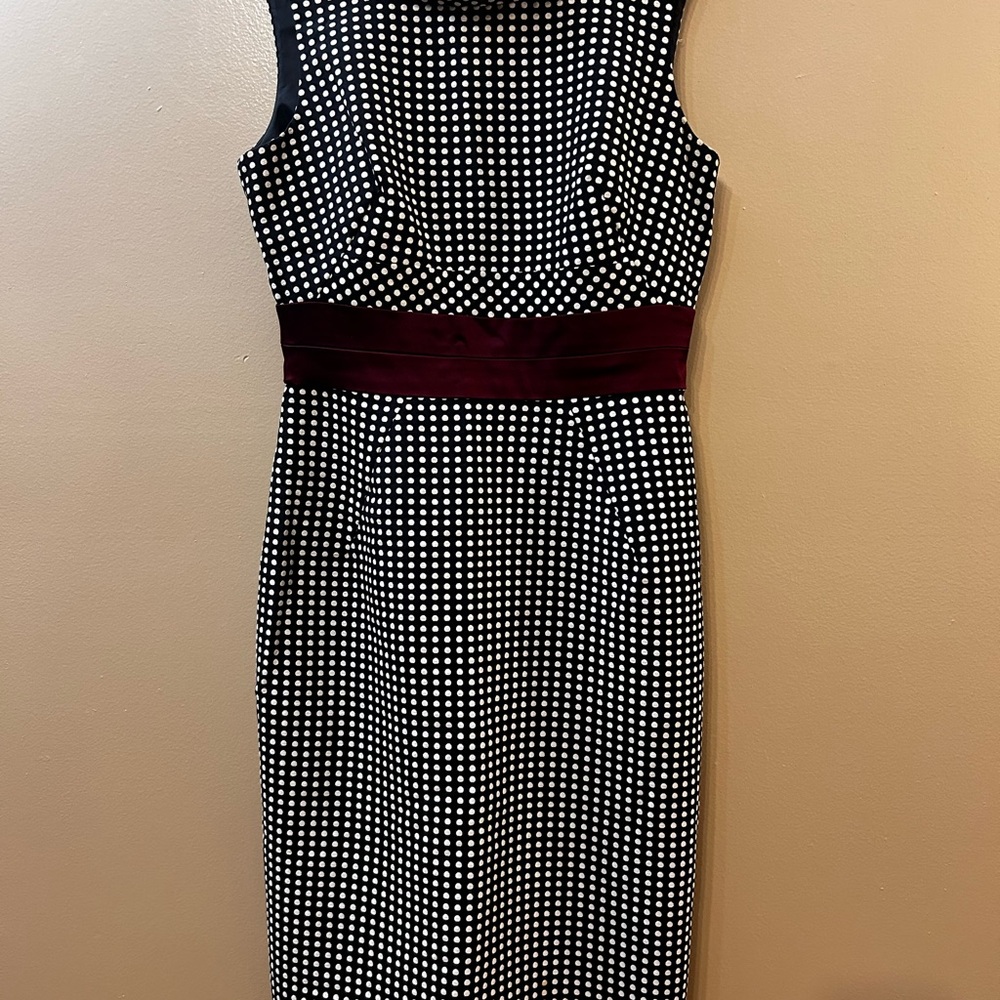 Donna Ricco Black & White Polka Dot Midi Dress with Burgundy Waistband